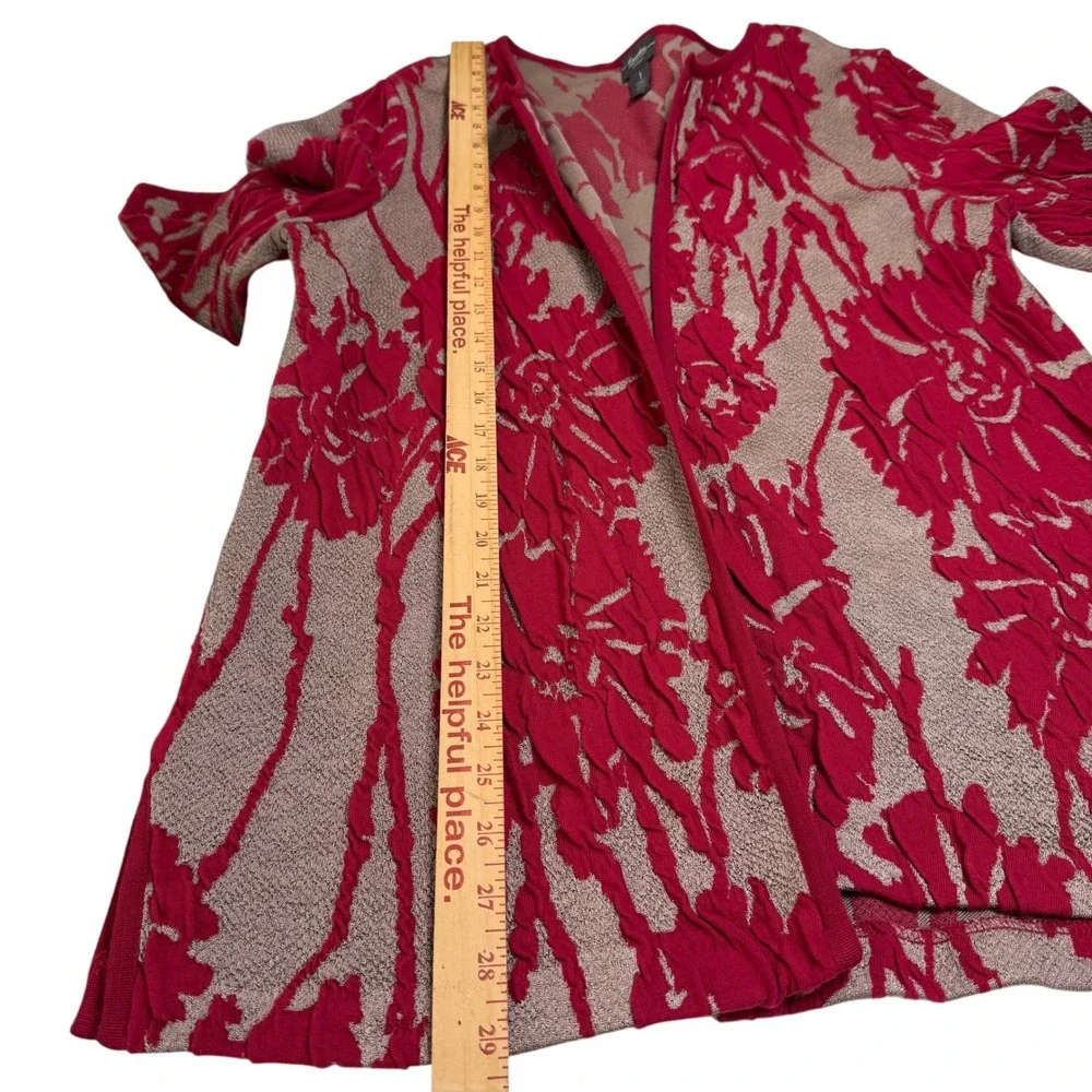 Chico's Travelers Exploded Floral Textured Open Cardigan Sz M Red Gold Old Money